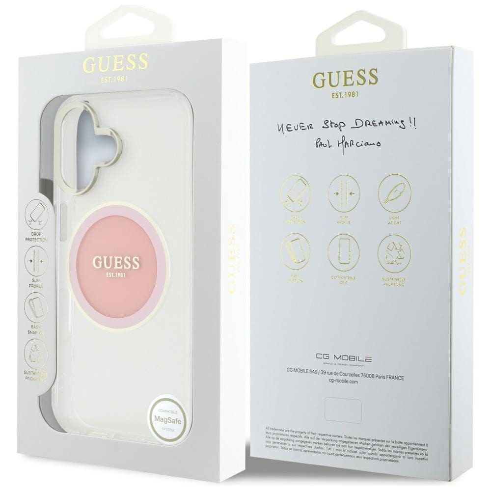 Guess IML metallfarget sirkel Classic Logo MagSafe iPhone 16 etui - rosa