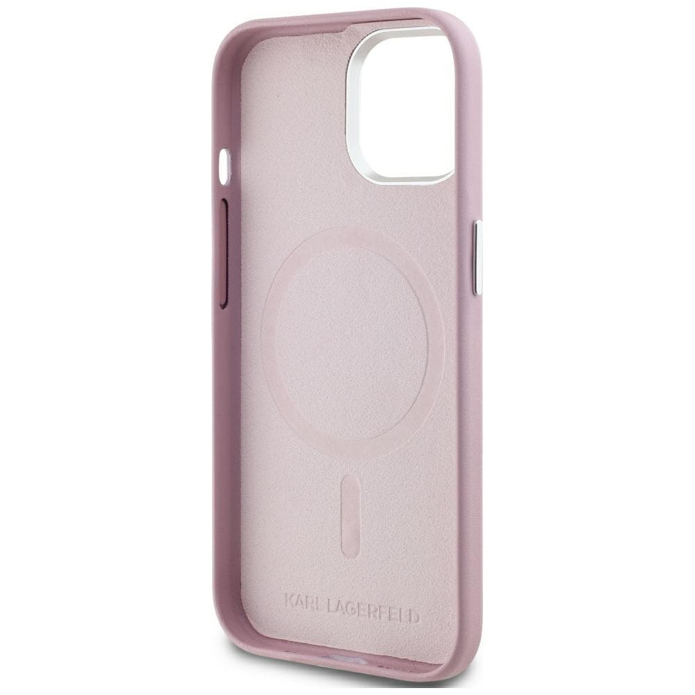 Karl Lagerfeld FW MagSafe iPhone 15-etui med metallplate - rosa
