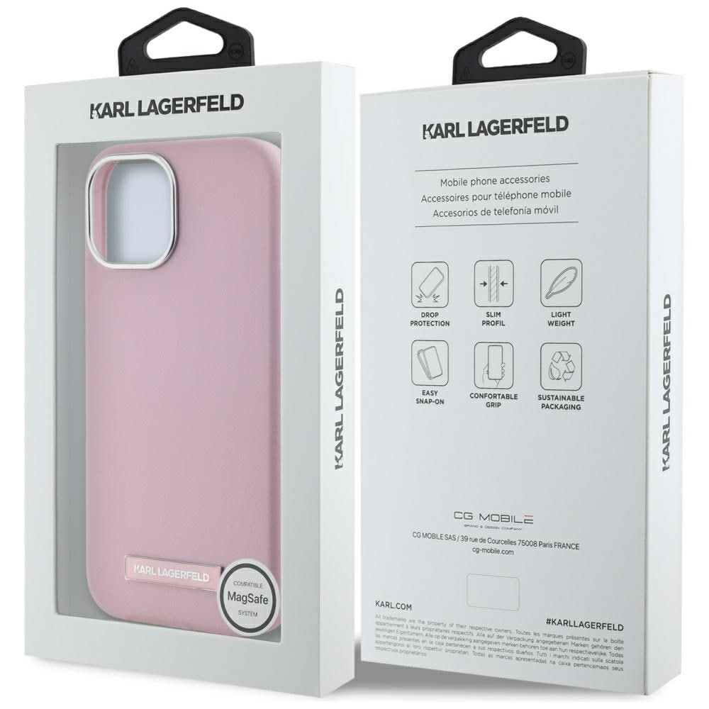 Karl Lagerfeld FW MagSafe iPhone 15-etui med metallplate - rosa