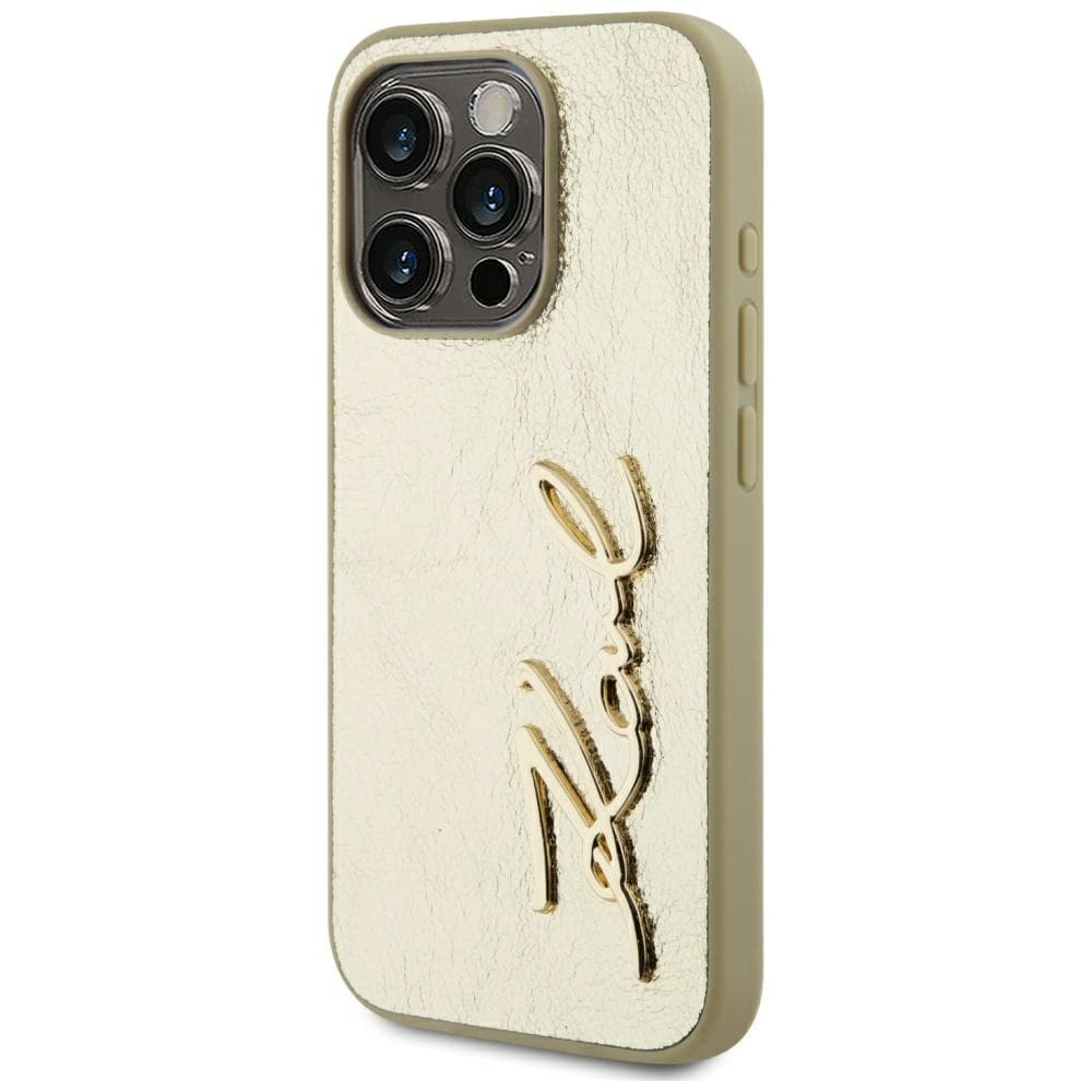 Karl Lagerfeld Wrinkled Metal Signature iPhone 15 Pro-etui - gull