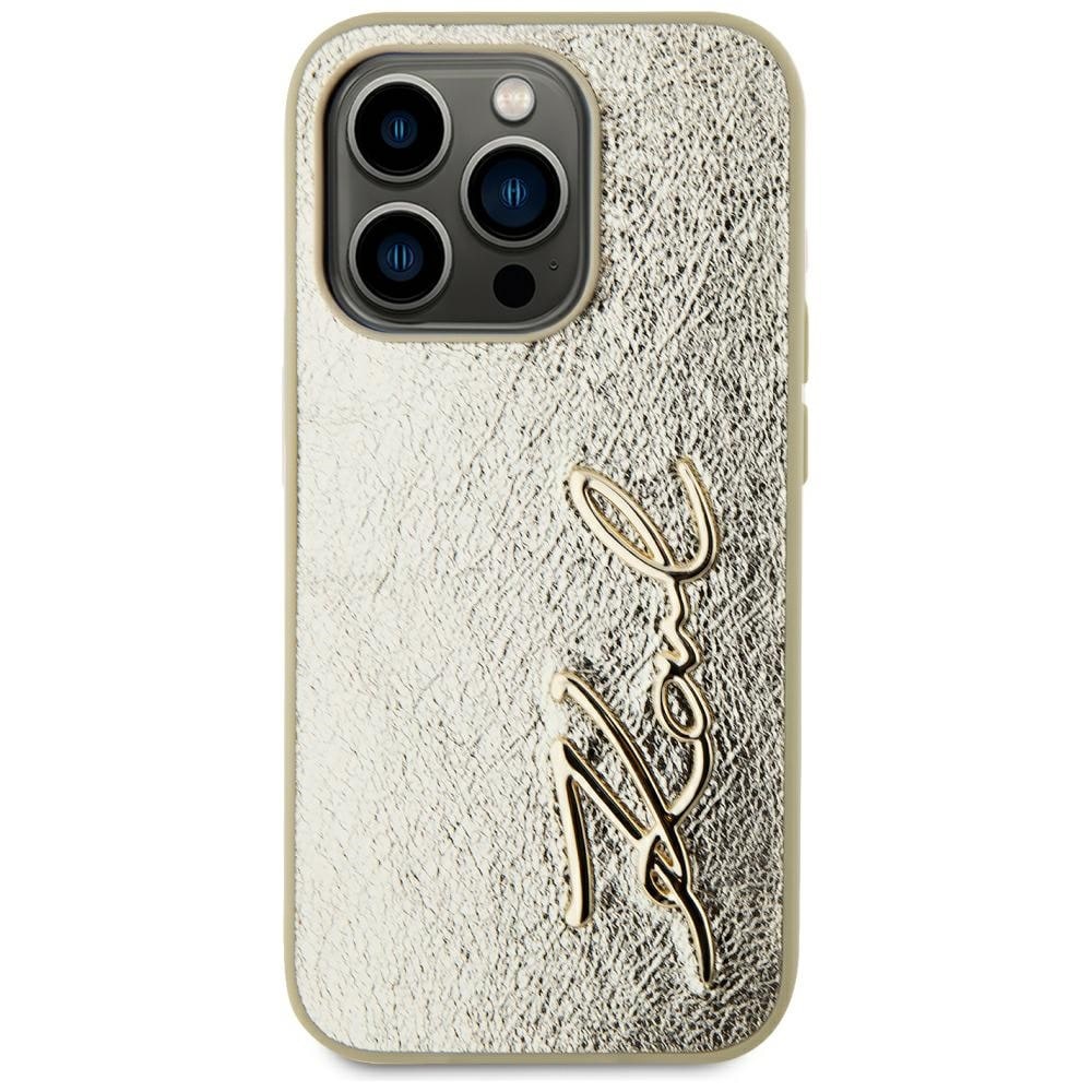 Karl Lagerfeld Wrinkled Metal Signature iPhone 15 Pro-etui - gull