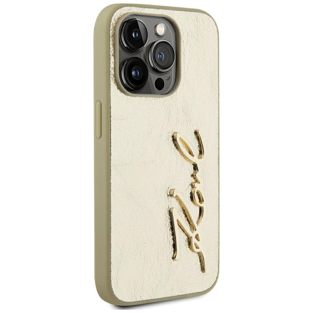 Karl Lagerfeld Wrinkled Metal Signature iPhone 15 Pro-etui - gull