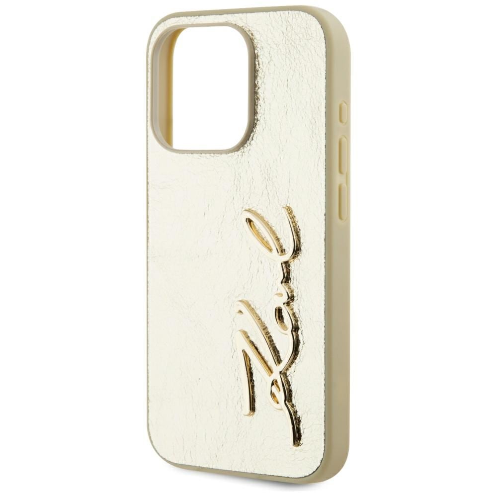Karl Lagerfeld Wrinkled Metal Signature iPhone 15 Pro-etui - gull