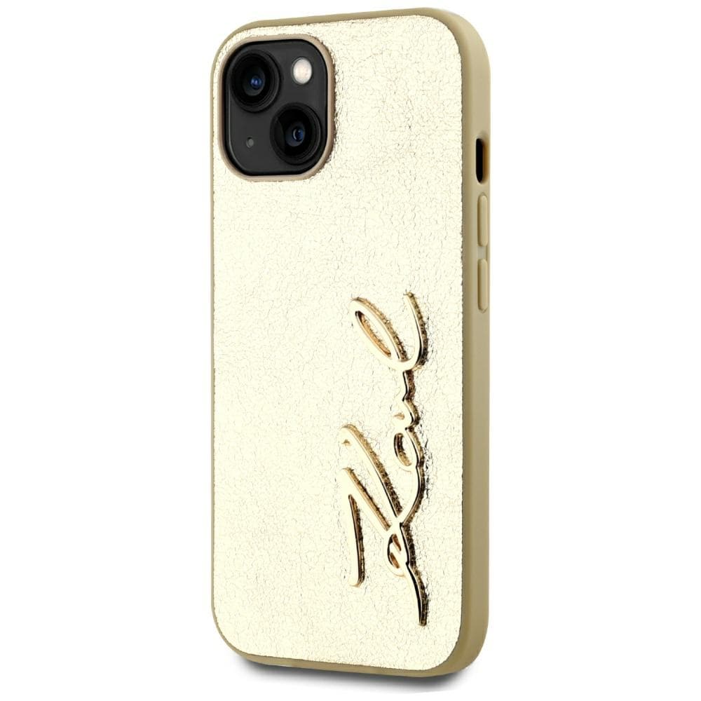 Karl Lagerfeld Wrinkled Metal Signature iPhone 15-etui - gull