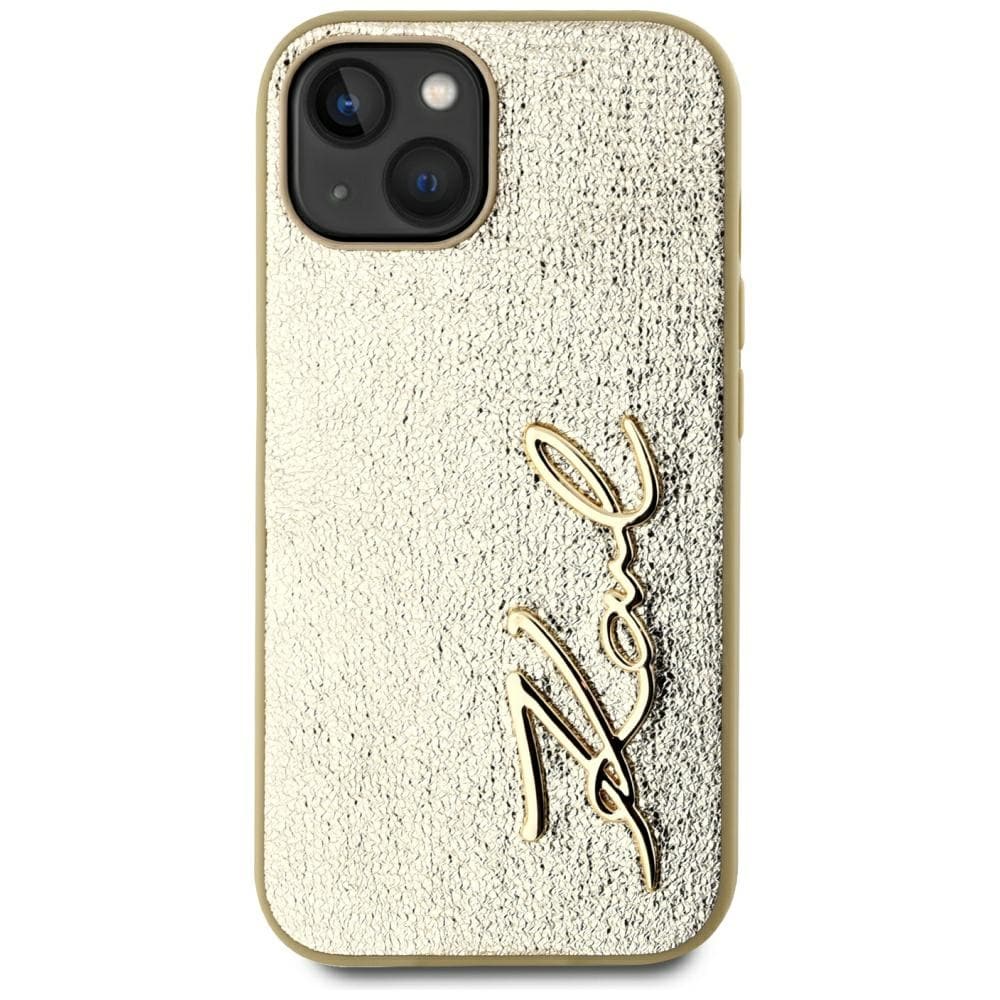 Karl Lagerfeld Wrinkled Metal Signature iPhone 15-etui - gull