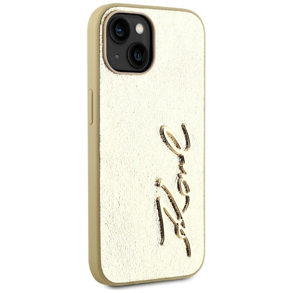Karl Lagerfeld Wrinkled Metal Signature iPhone 15-etui - gull