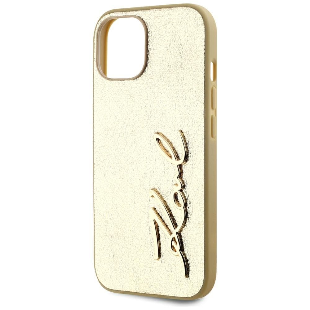 Karl Lagerfeld Wrinkled Metal Signature iPhone 15-etui - gull