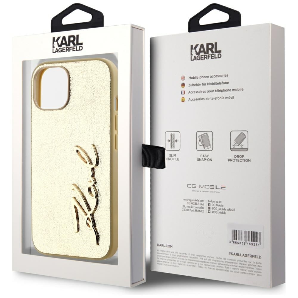 Karl Lagerfeld Wrinkled Metal Signature iPhone 15-etui - gull