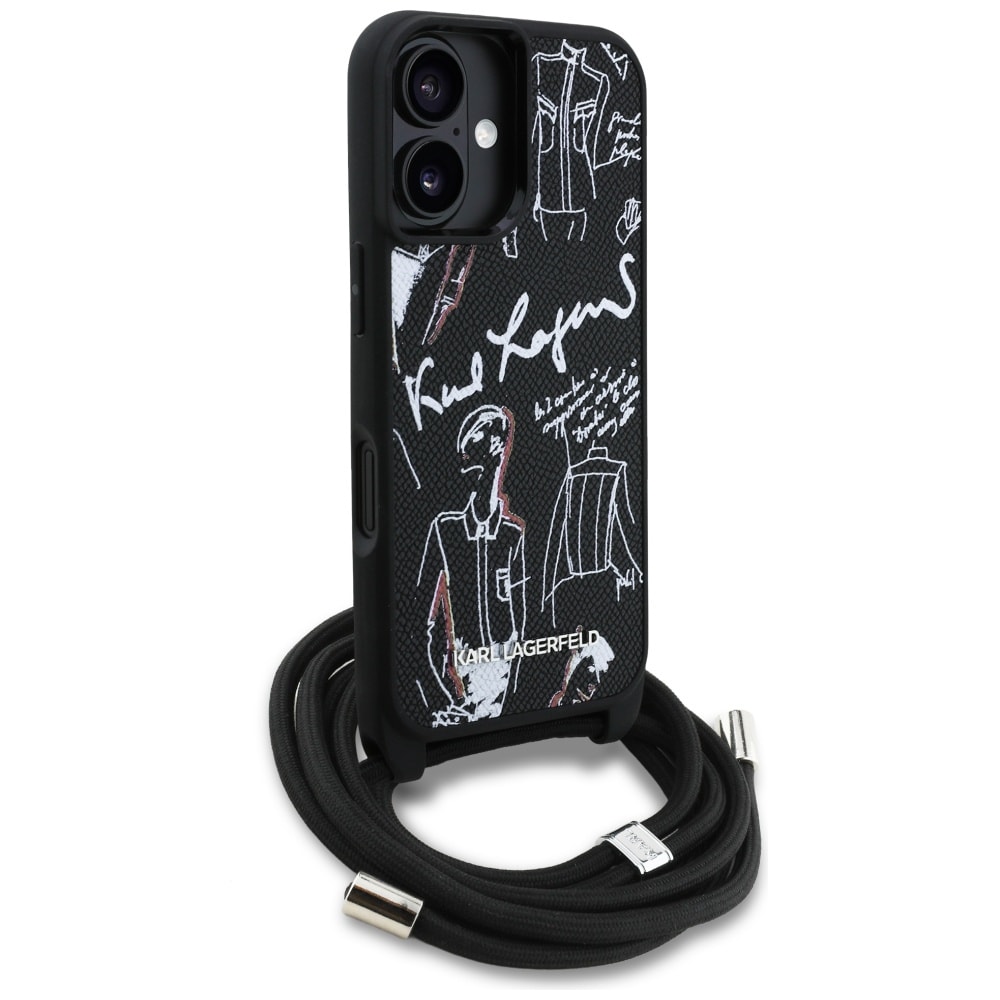 Karl Lagerfeld Crossbody-etui med kornet mønster og logo til iPhone 16 - Svart