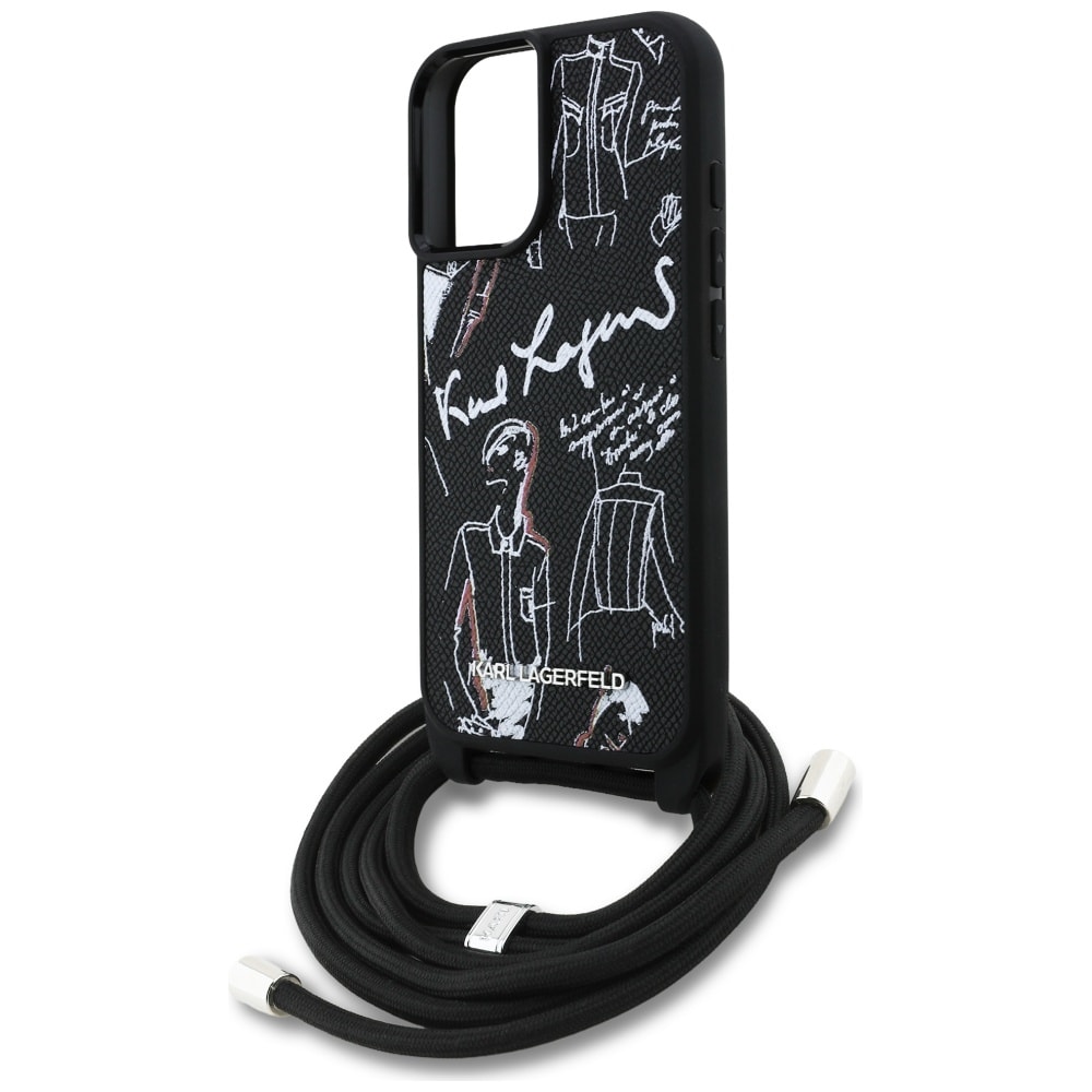 Karl Lagerfeld Crossbody-etui med kornet mønster og logo til iPhone 16 - Svart