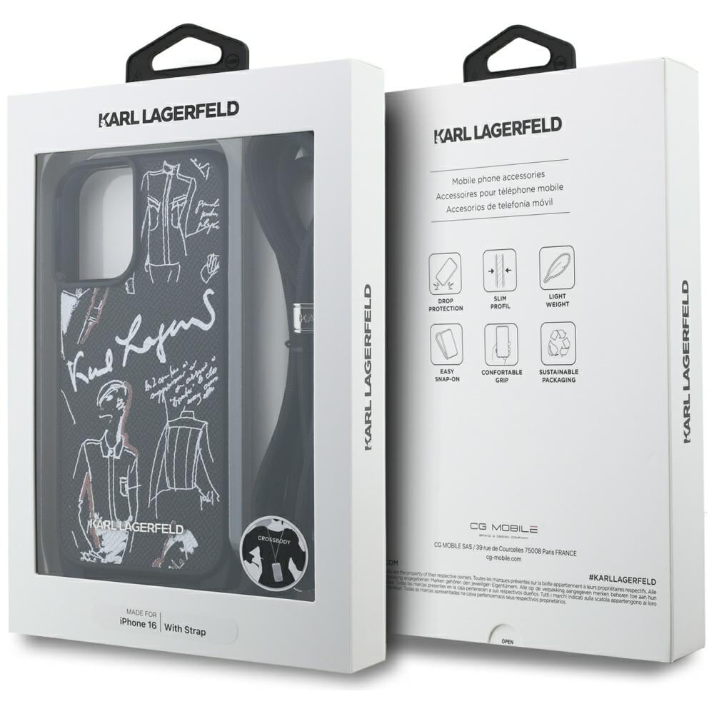 Karl Lagerfeld Crossbody-etui med kornet mønster og logo til iPhone 16 - Svart
