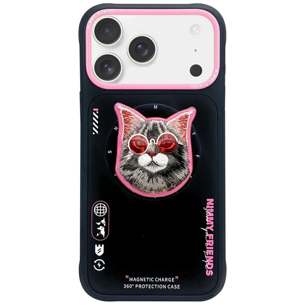 Nimmy Glasses Cool Cat MagSafe-etui for iPhone 17 Pro Max - svart og rosa