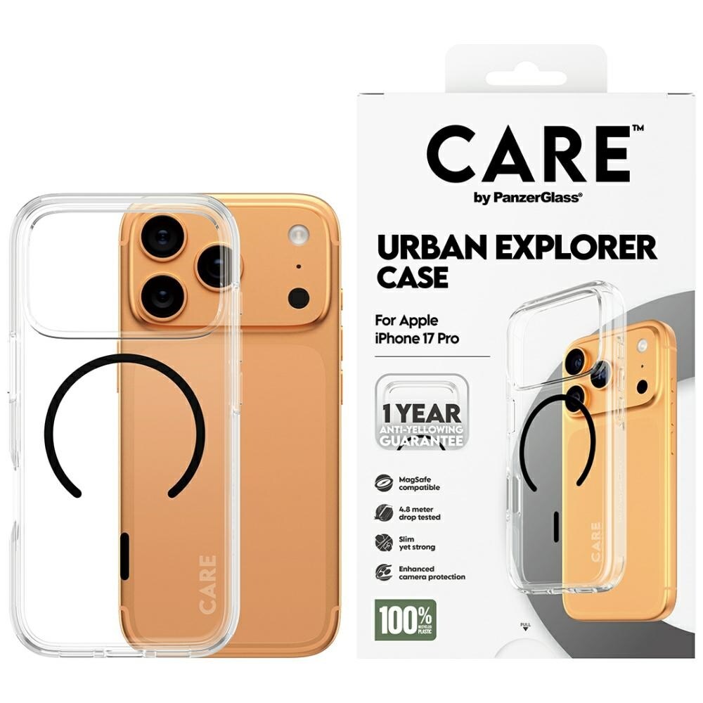CARE by PanzerGlass Flagship Urban Explorer-etui med svart MagSafe for iPhone 17 Pro - gjennomsiktig