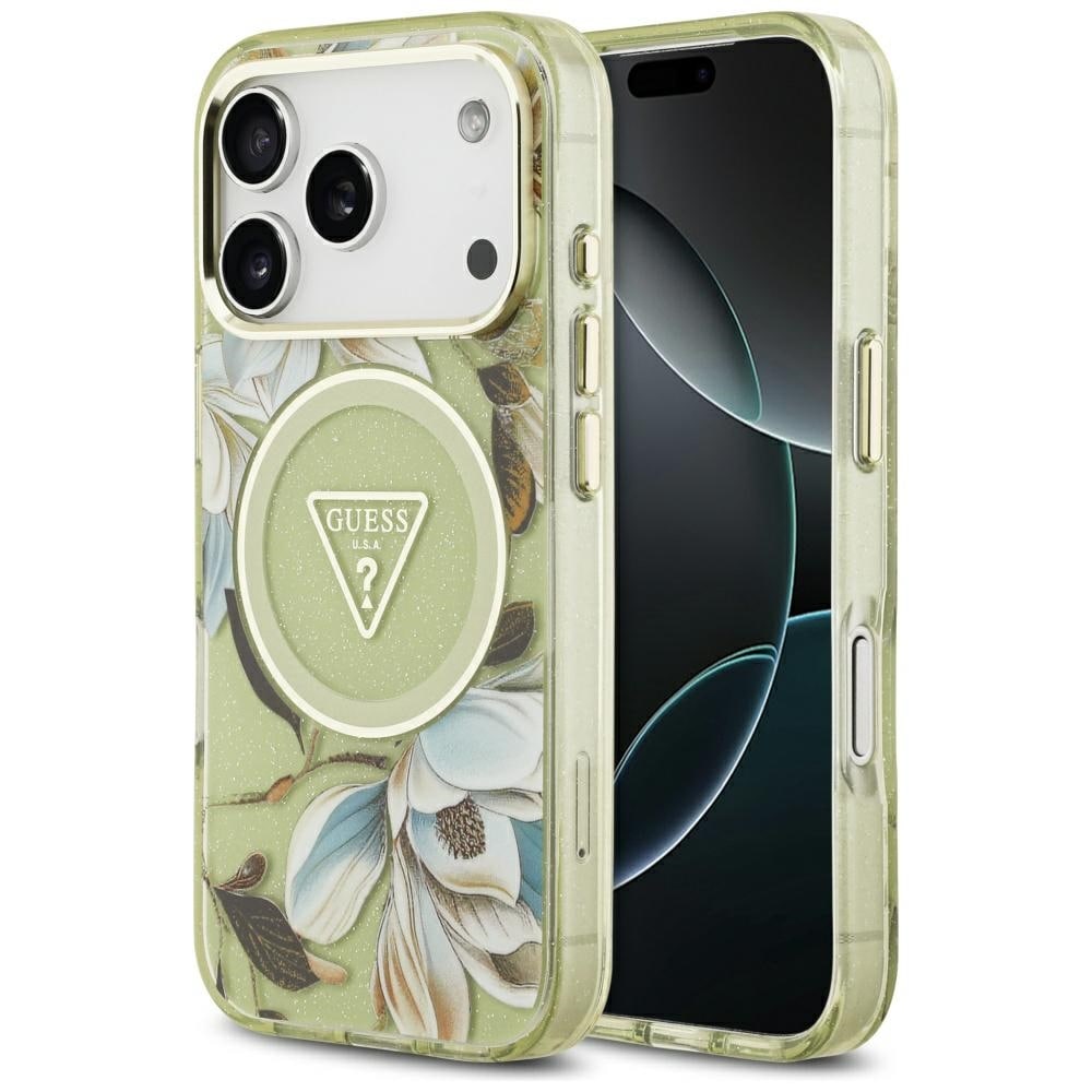 Guess IML Glitter Flowers Triangle MagSafe-etui for iPhone 17 Pro Max - grønn