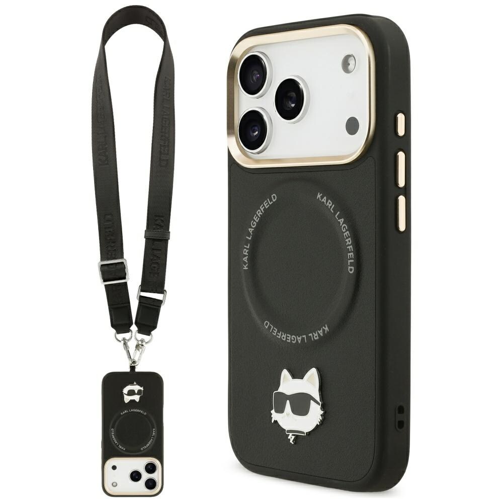 Karl Lagerfeld Big Strap Choupette MagSafe-etui med metallogo for iPhone 17 Pro - Svart