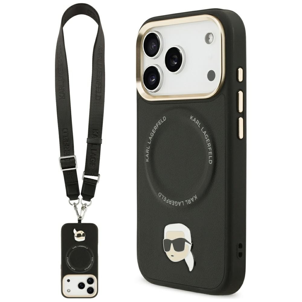 Karl Lagerfeld Big Strap Karl MagSafe-etui med metallogo for iPhone 17 Pro Max - Svart