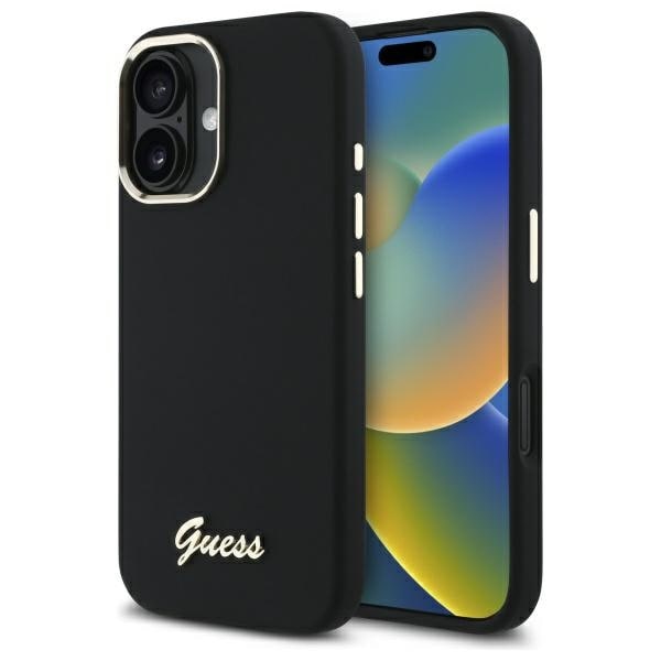 Guess Silikonetui med metallogo og ramme for iPhone 16 Plus - svart