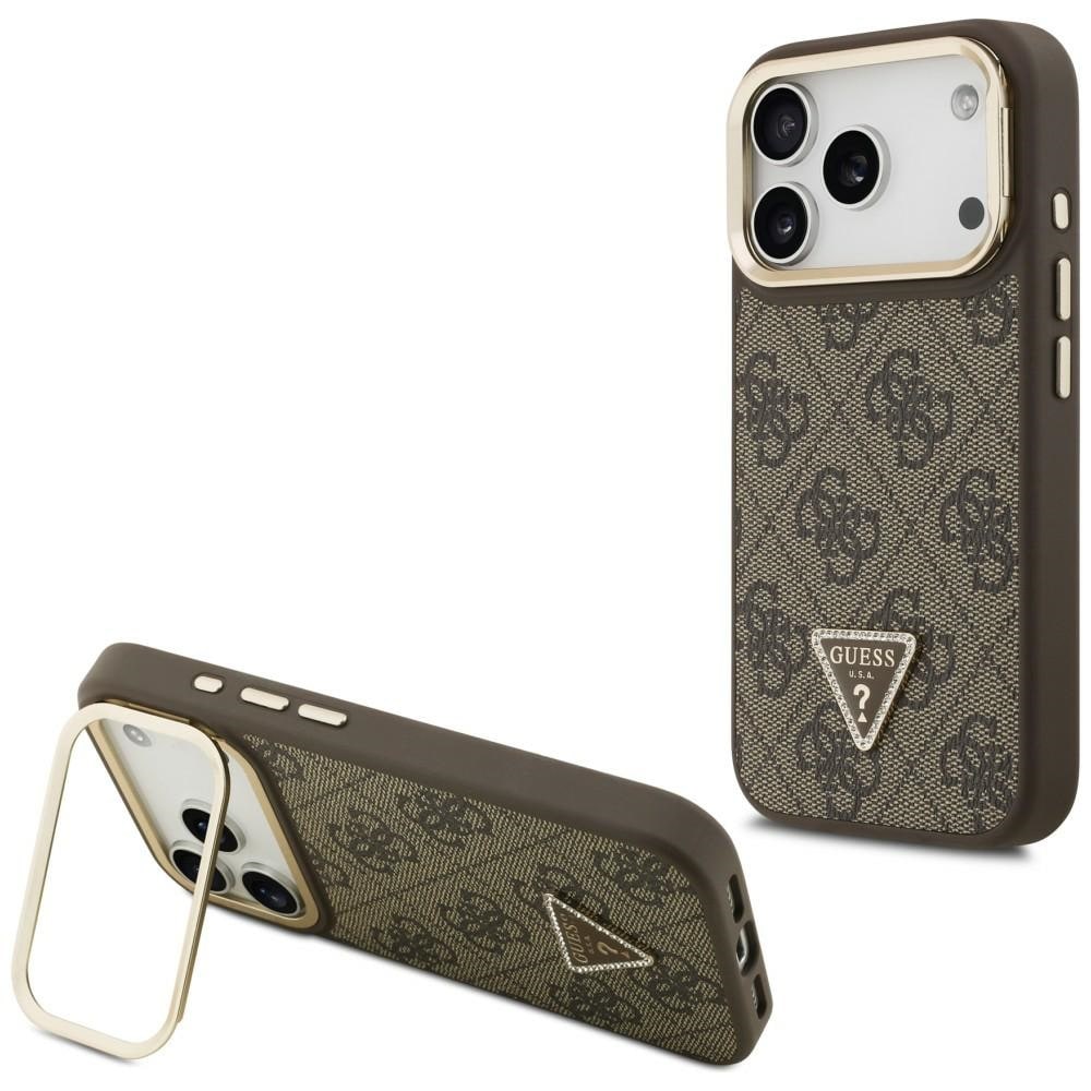 Guess 4G PU Triangle Logo & Stand Camera Magsafe-etui for iPhone 17 Pro - Brun