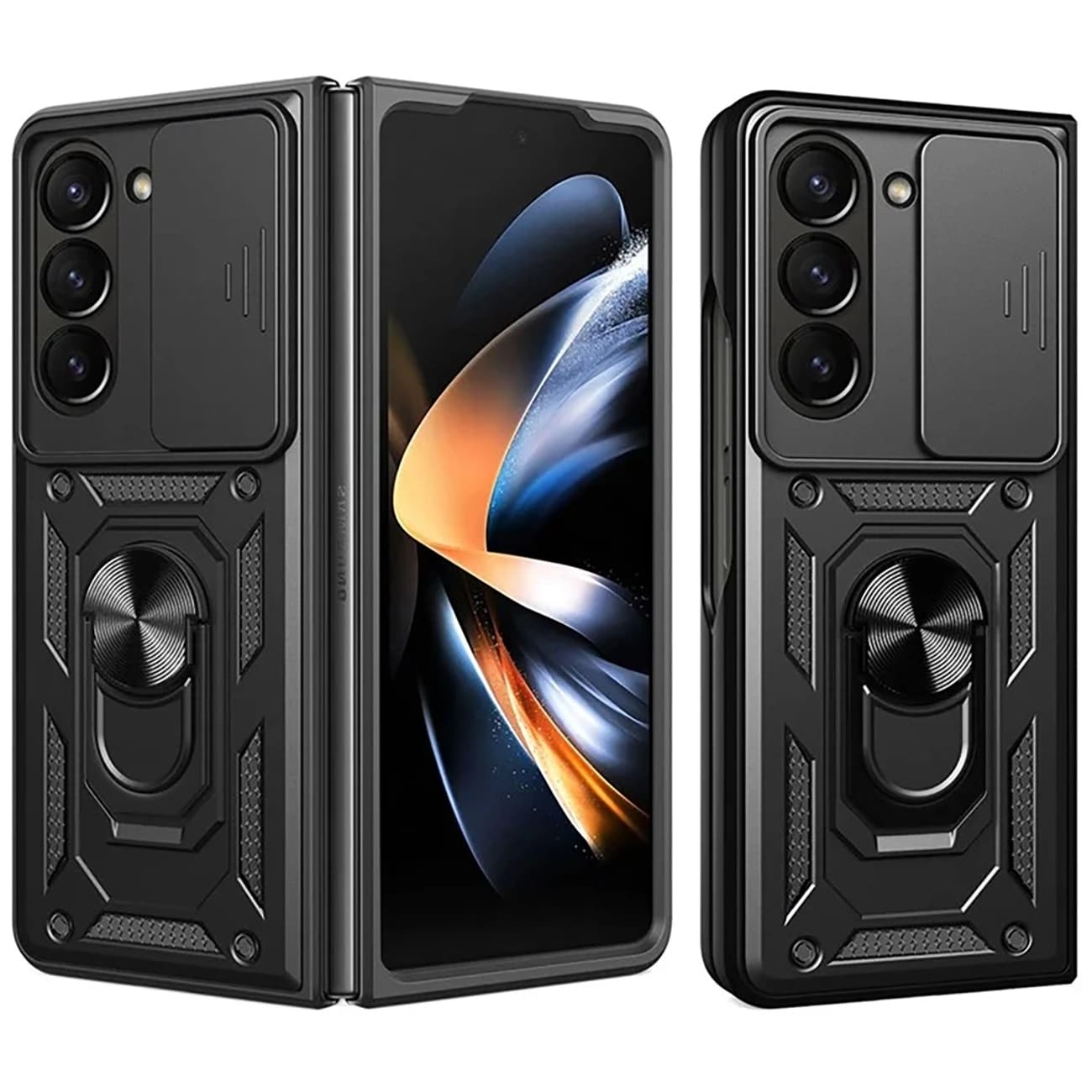 Hybrid Armor Camshield pansrede etui med stativ og kameradeksel til Samsung Galaxy Z Fold 7 - Svart