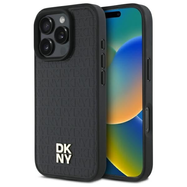 DKNY MagSafe iPhone 16 Pro-etui med gjentatt mønster og stablelogo - svart