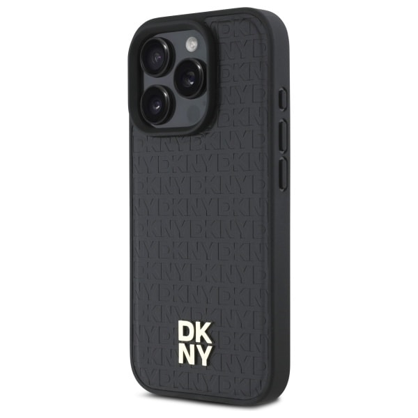 DKNY MagSafe iPhone 16 Pro-etui med gjentatt mønster og stablelogo - svart