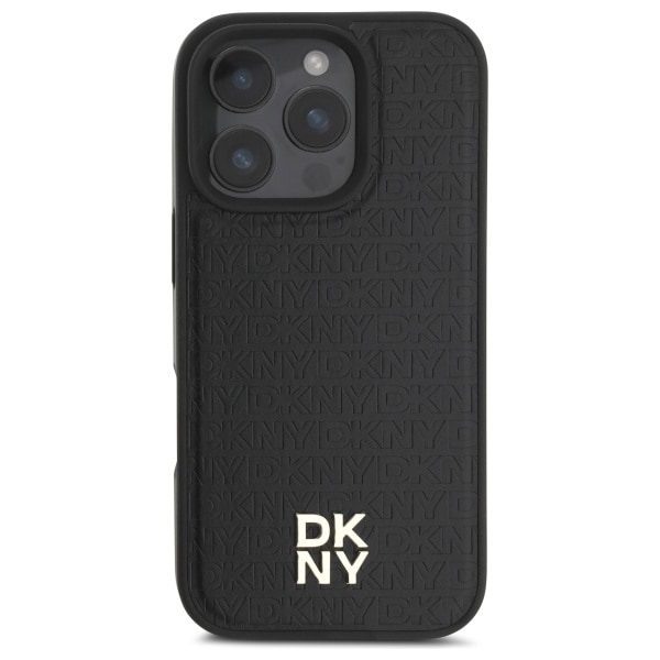 DKNY MagSafe iPhone 16 Pro-etui med gjentatt mønster og stablelogo - svart