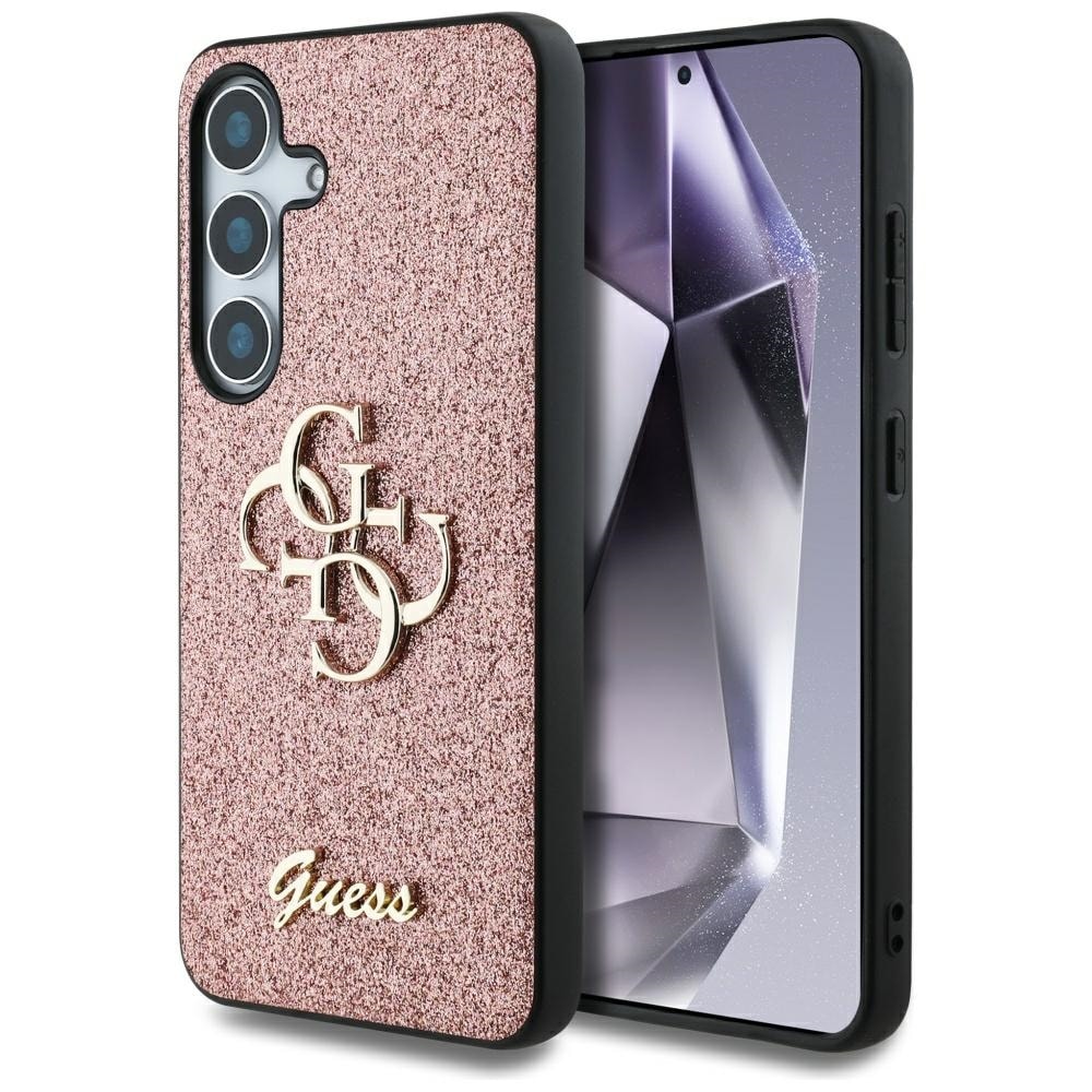 Guess Fast glitterdeksel med stor 4G-metallogo for Samsung Galaxy S25 Pink