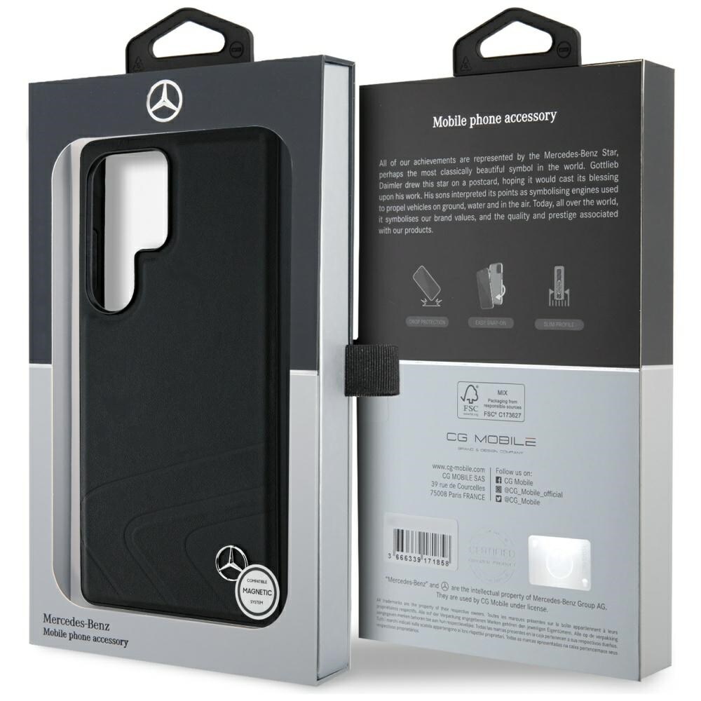 Mercedes MagSafe-etui i lær med horisontale kurver med preging for Samsung Galaxy S25 Ultra - svart