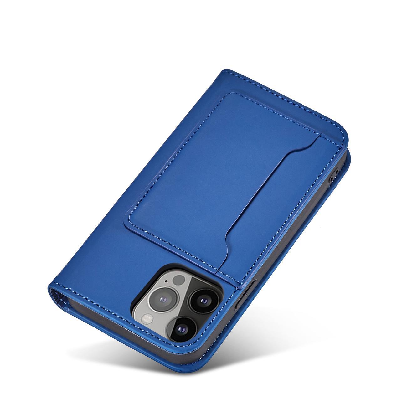 Magnet Kortveske for iPhone 14 Pro Max flip cover lommebok stativ blå