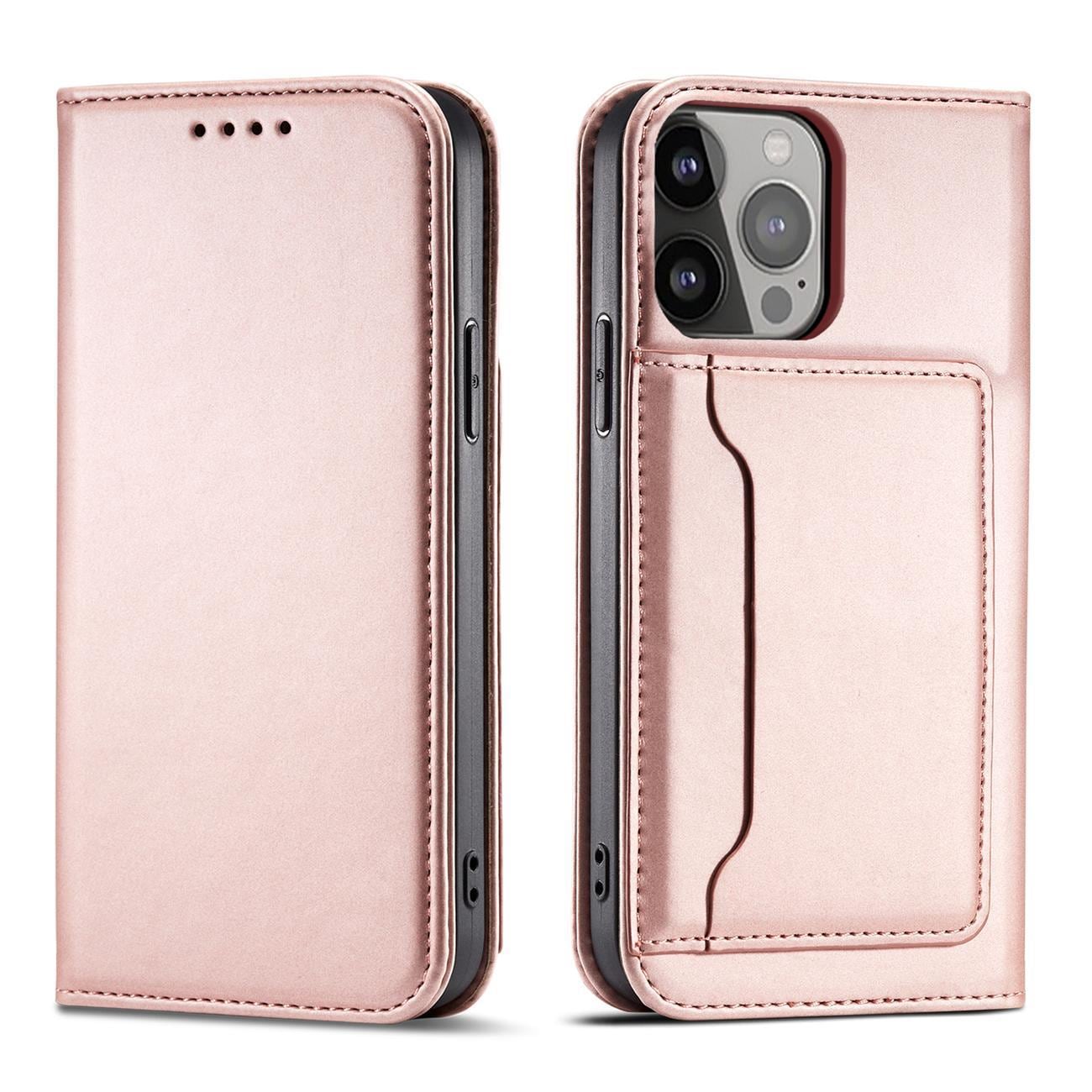 Magnet Kortveske for iPhone 14 Pro Max flip cover lommebok stativ rosa