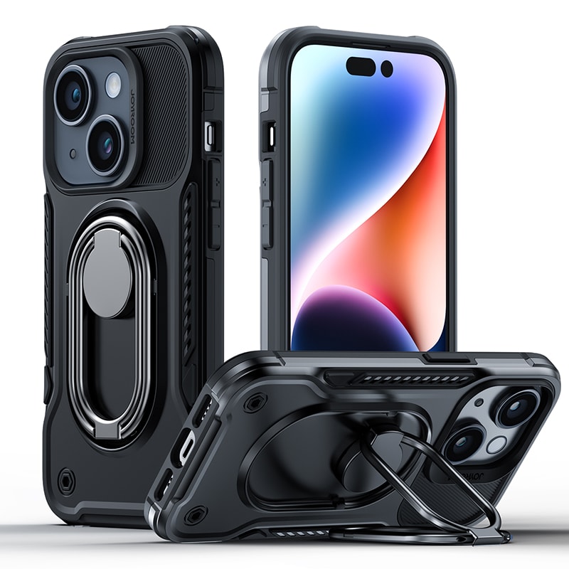 Joyroom Dual Hinge-etui for iPhone 14 pansret etui med stativ og ringholder svart