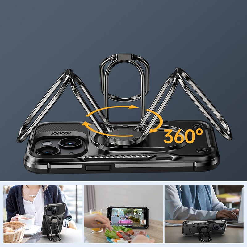Joyroom Dual Hinge-etui for iPhone 14 pansret etui med stativ og ringholder svart