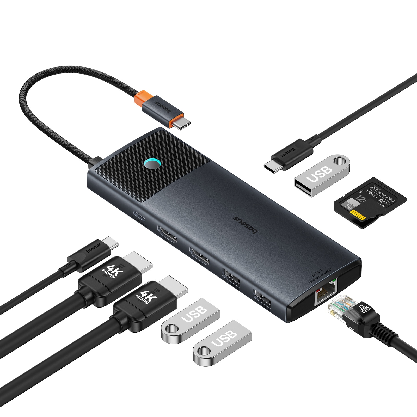HUB 10in1 Baseus Metal Gleam Series USB-C, 3x USB-A, 2x HDMI, RJ-45, SD/TF - svart