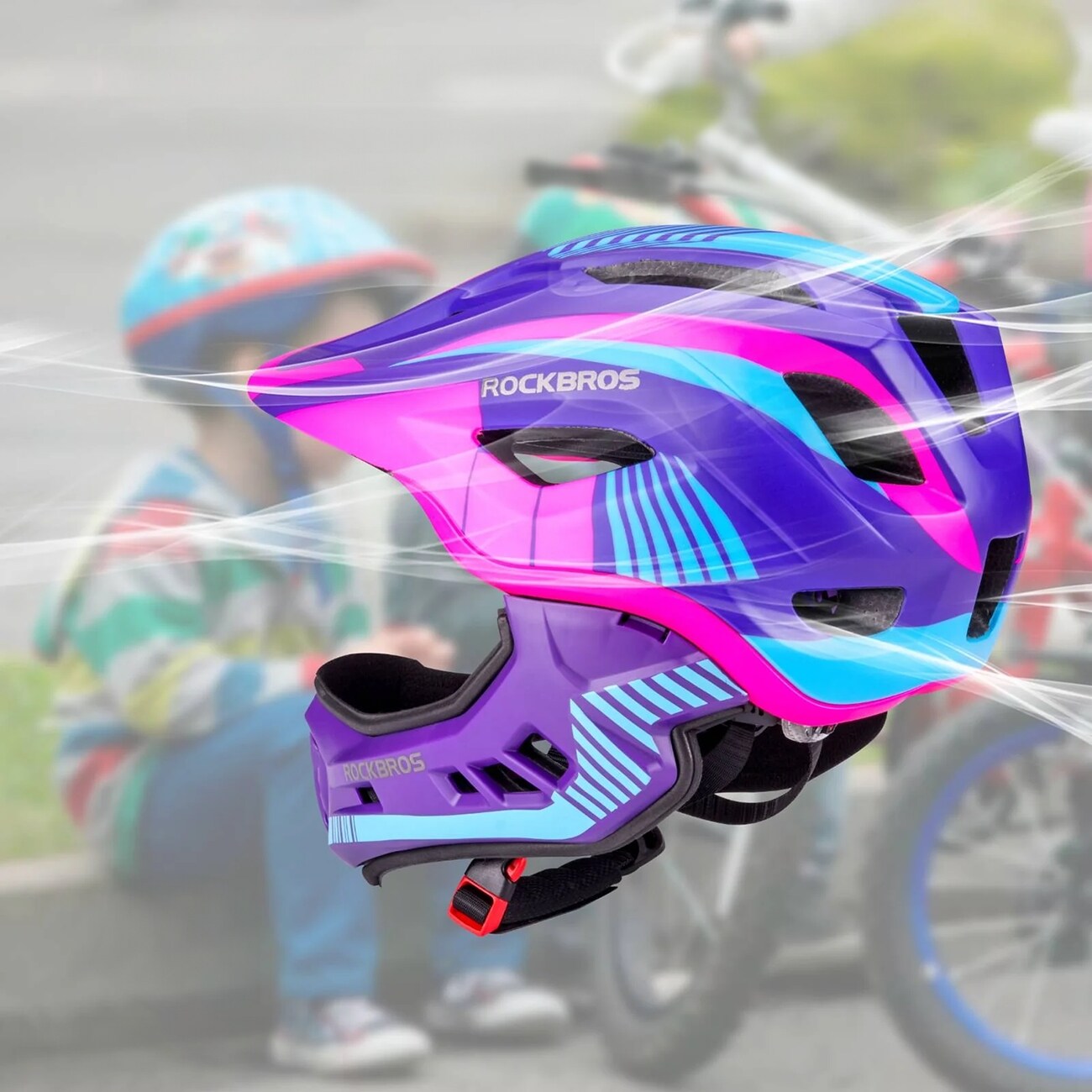 Rockbros TT-32SBPP-S barnesykkelhjelm med avtakbart hakestykke, størrelse S - lilla-rosa