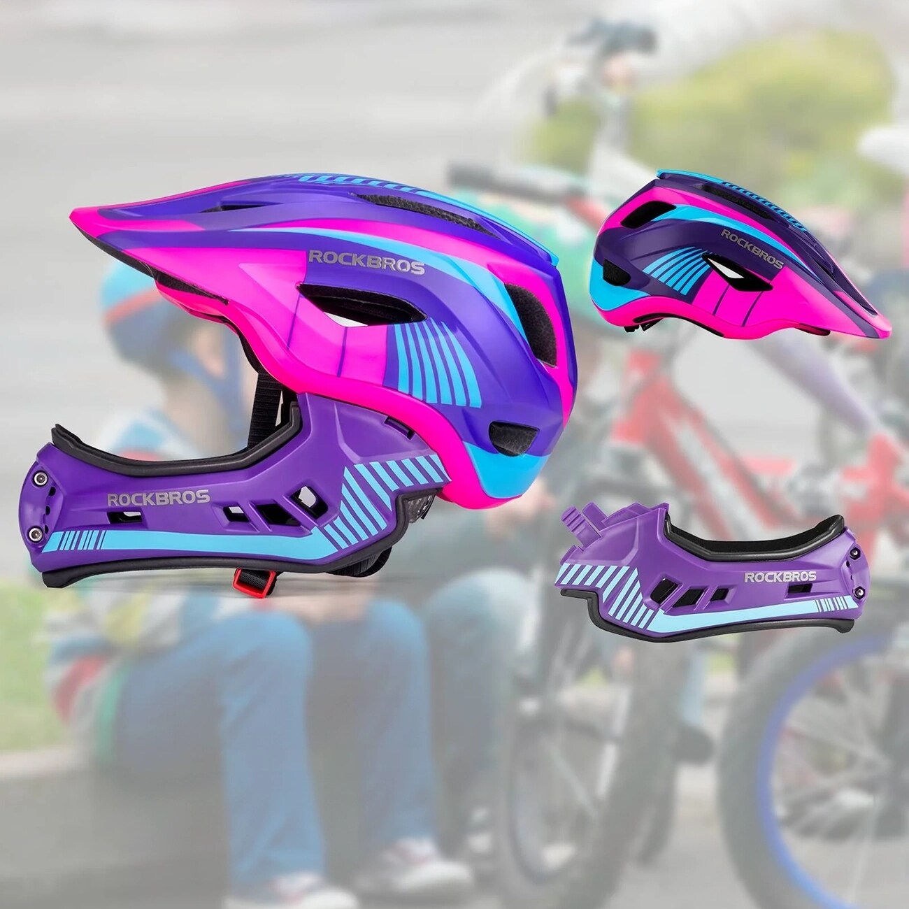 Rockbros TT-32SBPP-S barnesykkelhjelm med avtakbart hakestykke, størrelse S - lilla-rosa