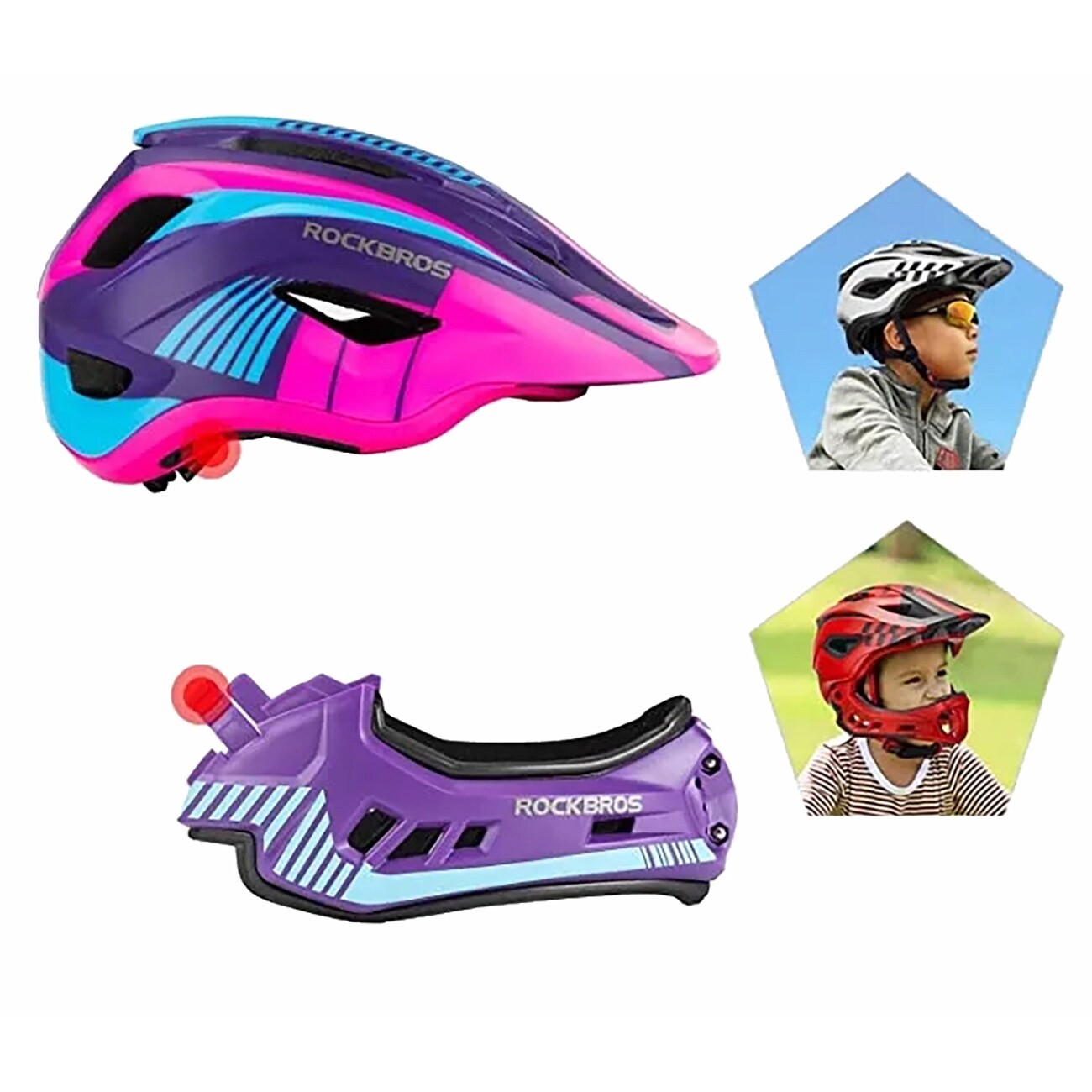 Rockbros TT-32SBPP-M barnesykkelhjelm med avtakbart hakestykke, størrelse M - lilla-rosa