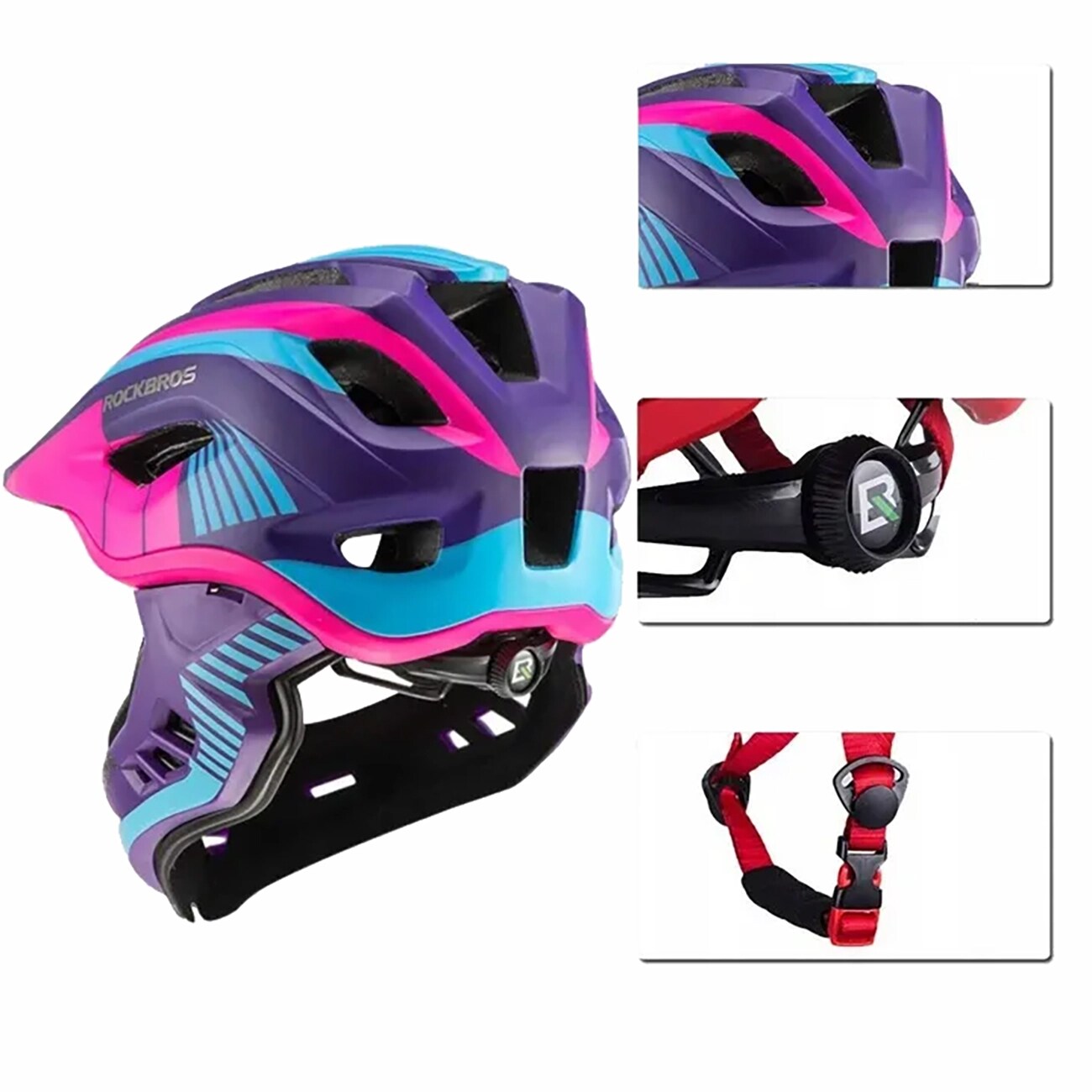 Rockbros TT-32SBPP-M barnesykkelhjelm med avtakbart hakestykke, størrelse M - lilla-rosa
