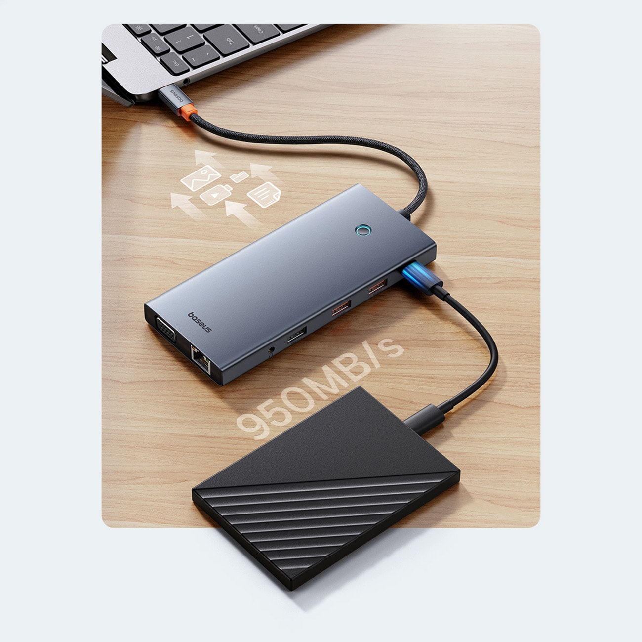 HUB Baseus PortalJoy 13in1 USB-C - 2x HDMI/DP/VGA/USB-A 3.1/USB-C 3.1/PD/RJ45/SD/TF/AUX - grå