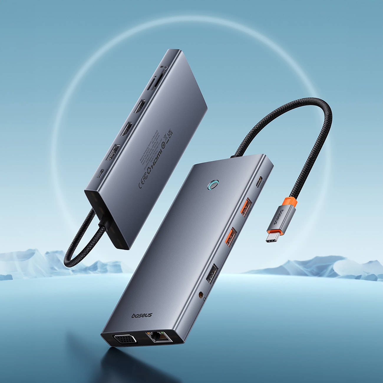 HUB Baseus PortalJoy 13in1 USB-C - 2x HDMI/DP/VGA/USB-A 3.1/USB-C 3.1/PD/RJ45/SD/TF/AUX - grå