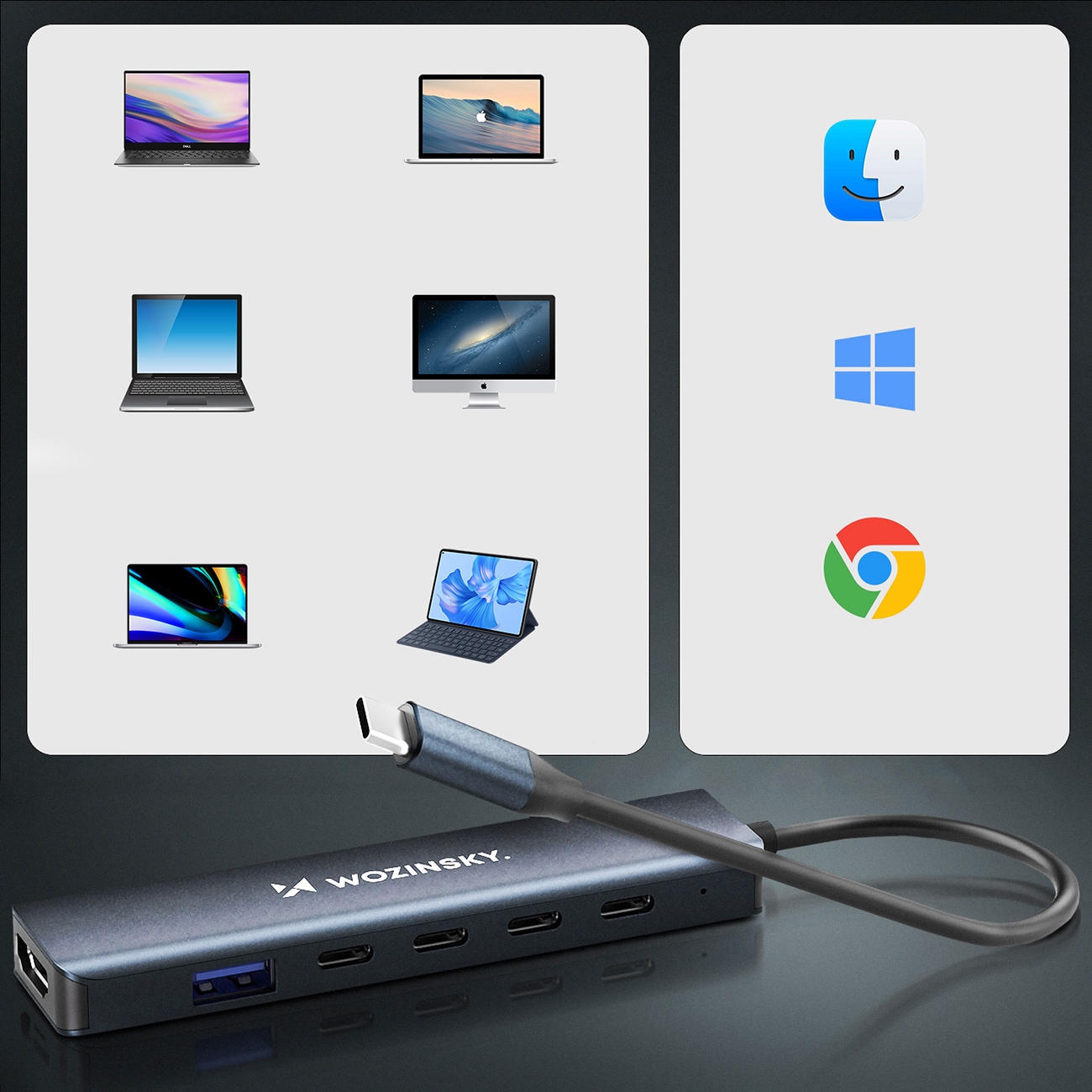 USB-C 6 i 1-hub Wozinsky WHBC10Y4S Multifunksjonell, aluminium, med 25 cm kabel - grå