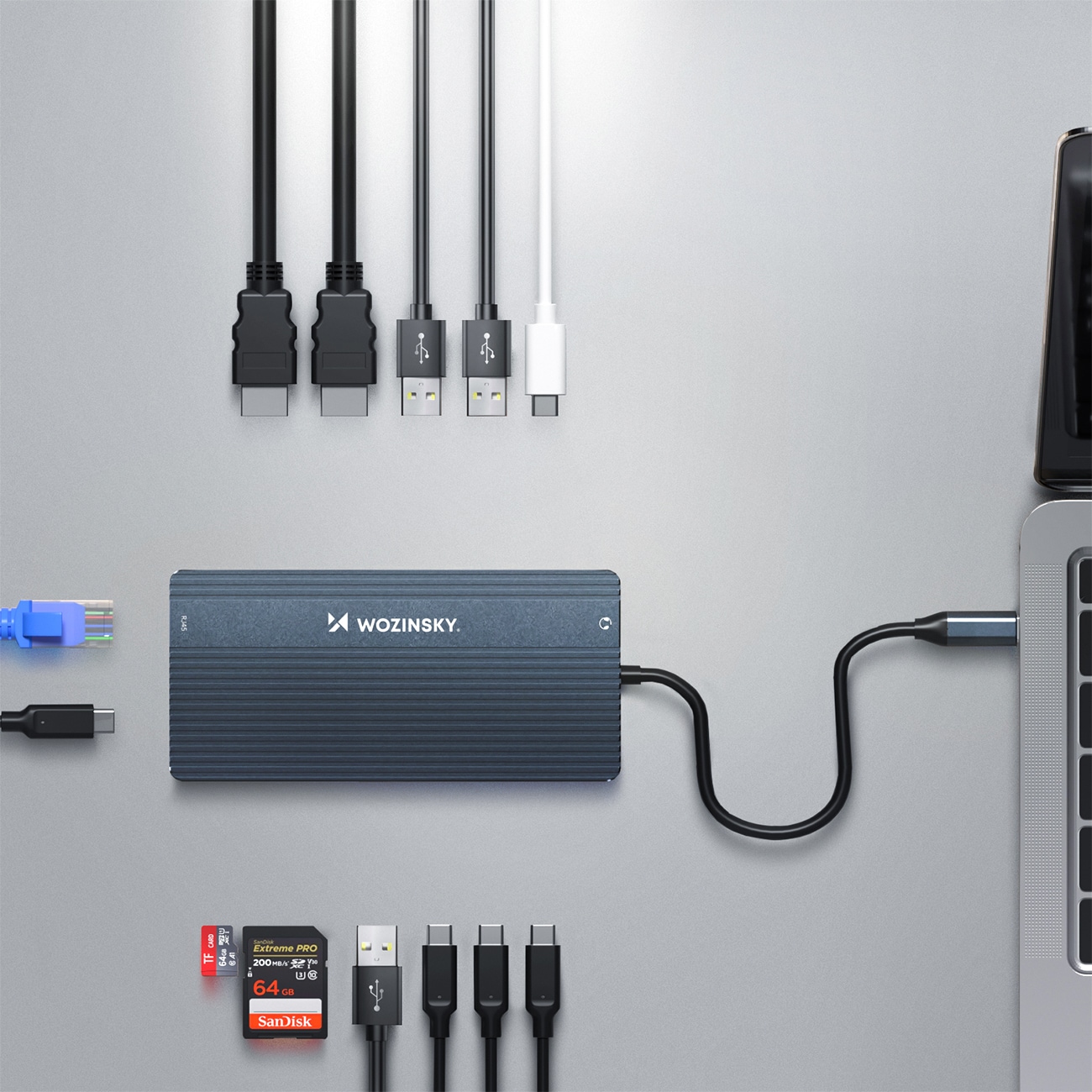 USB-C Hub 14 i 1 Wozinsky WDS03Y5S - aluminium, 4K for tre skjermer, 100 W PD, 10 Gbps