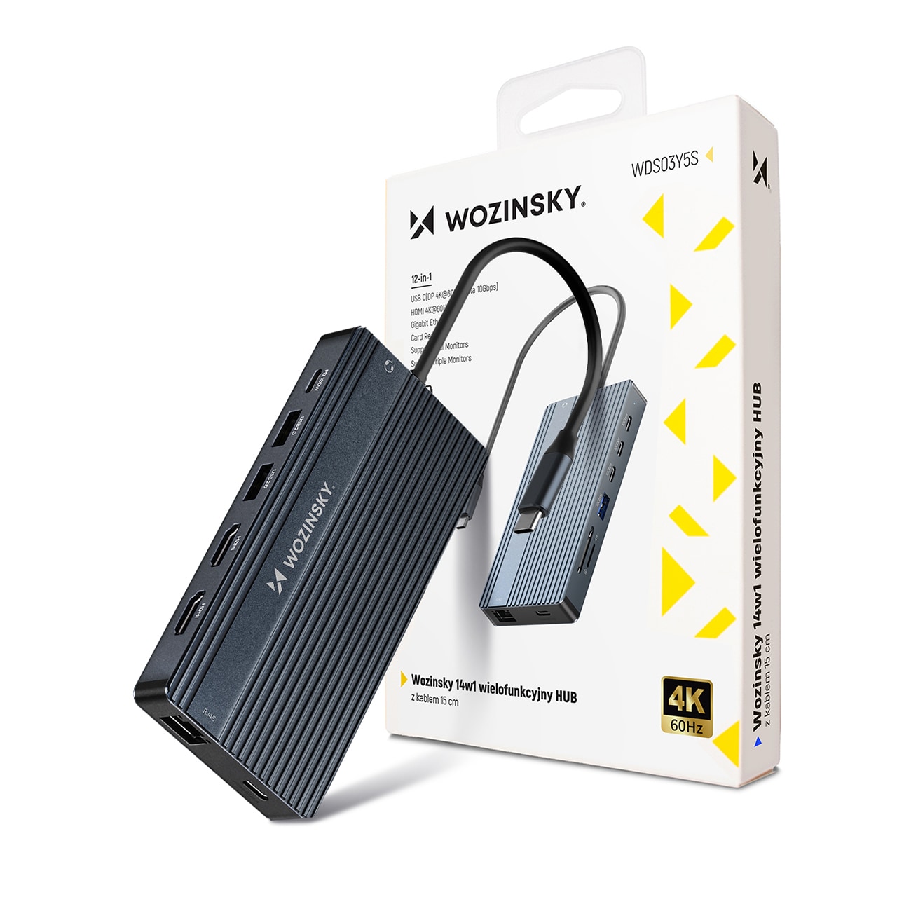USB-C Hub 14 i 1 Wozinsky WDS03Y5S - aluminium, 4K for tre skjermer, 100 W PD, 10 Gbps