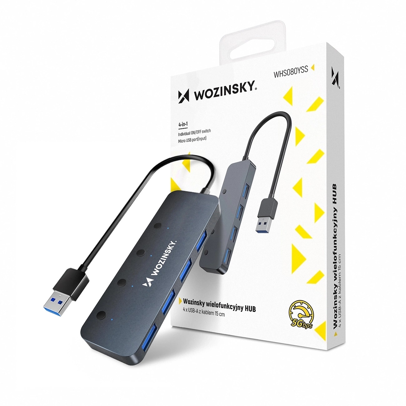 Wozinsky WHS080YSS USB-A Hub 4x USB-A 3.0 med individuelle brytere, aluminium, 30 cm kabel - grå
