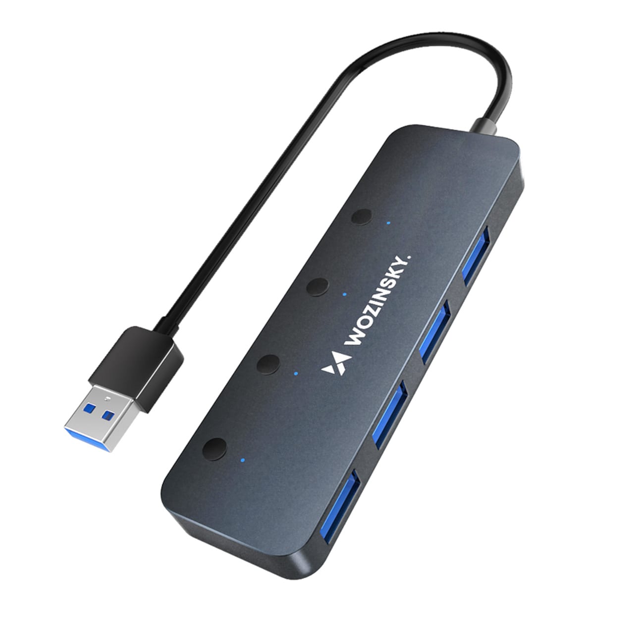 Wozinsky WHS080YSS USB-A Hub 4x USB-A 3.0 med individuelle brytere, aluminium, 30 cm kabel - grå