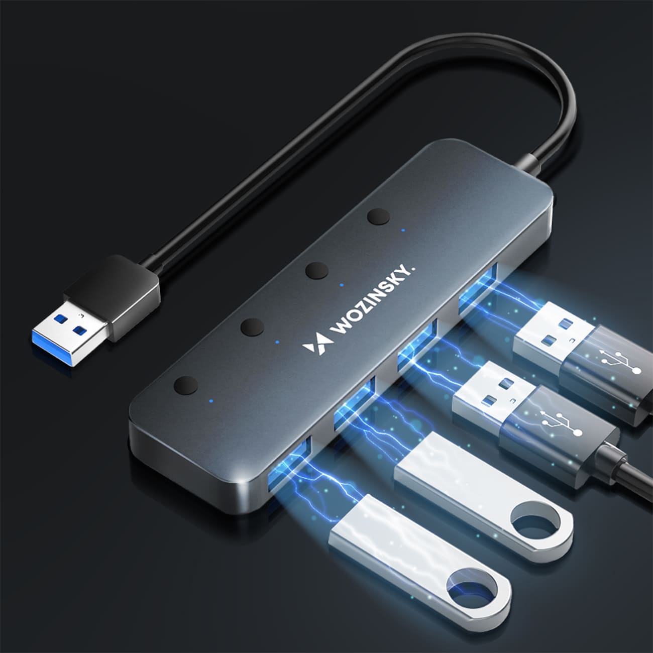 Wozinsky WHS080YSS USB-A Hub 4x USB-A 3.0 med individuelle brytere, aluminium, 30 cm kabel - grå