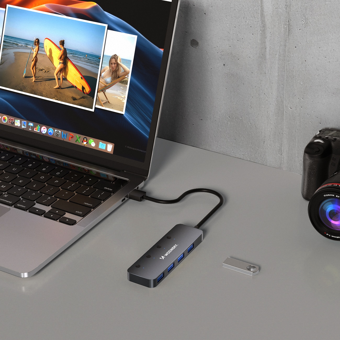 Wozinsky WHS080YSS USB-A Hub 4x USB-A 3.0 med individuelle brytere, aluminium, 30 cm kabel - grå