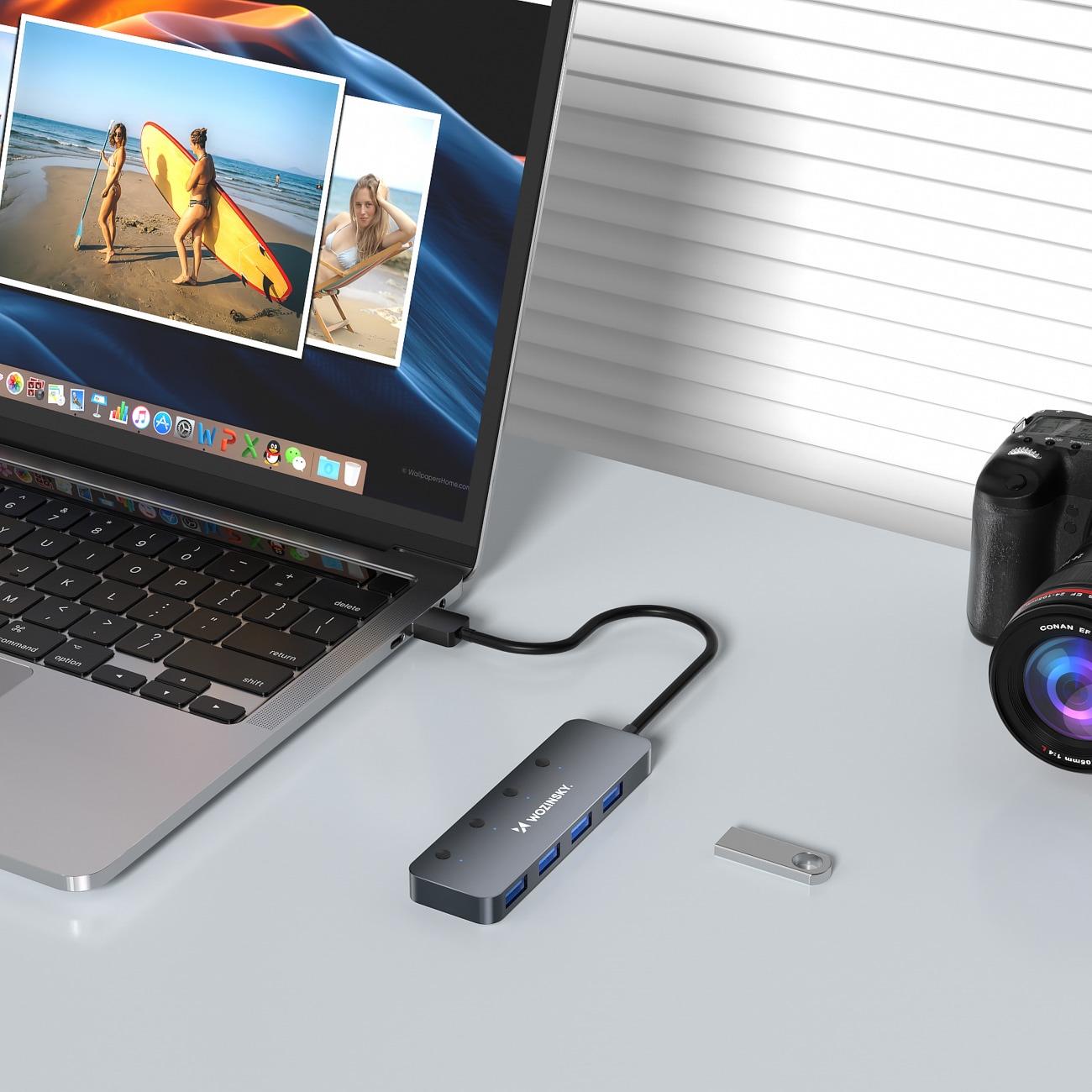 Wozinsky WHS080YSS USB-A Hub 4x USB-A 3.0 med individuelle brytere, aluminium, 30 cm kabel - grå