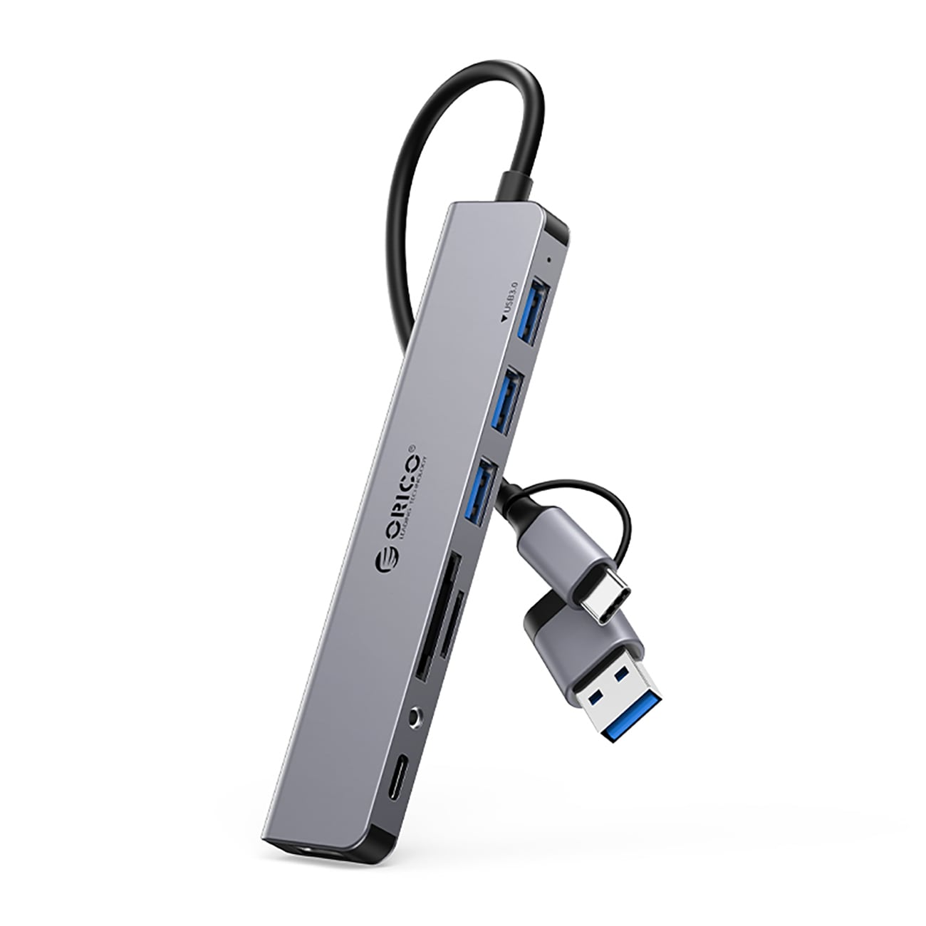 Orico YSA8-U3 USB Hub: 3 x USB-A 2.0, 1 x USB-A 3.0, 1 x USB-C, 1 x 3.5mm Audio, 2 x TF/SD - Grå