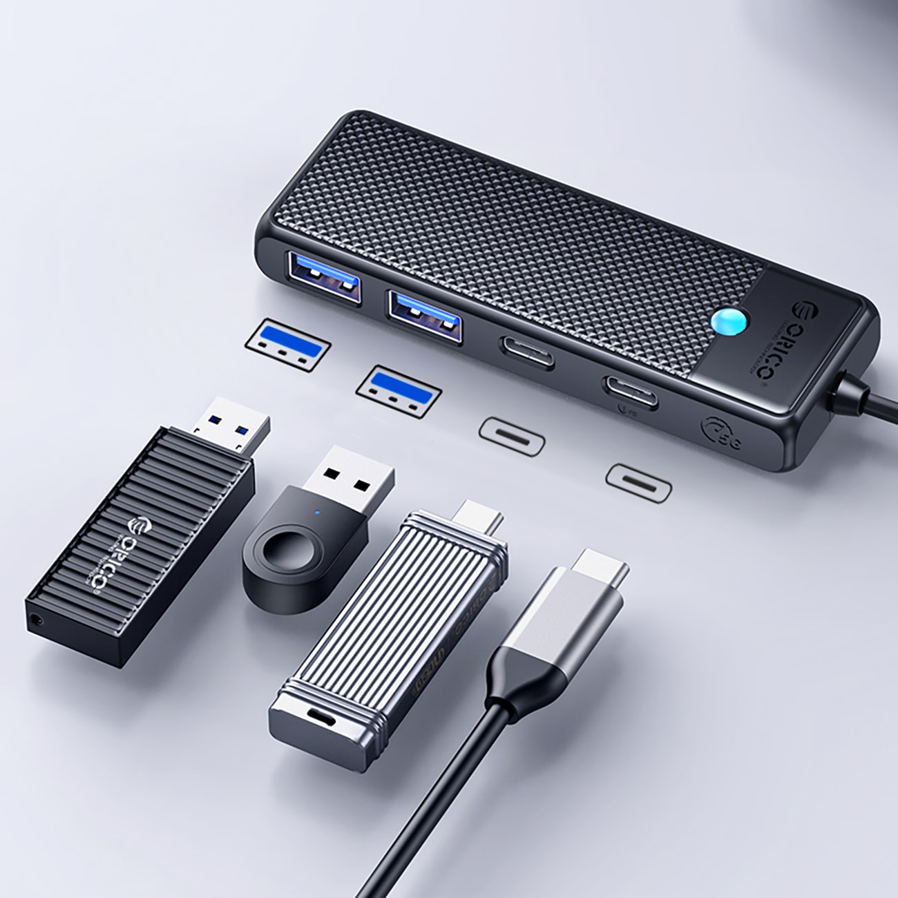 USB-C-nav Orico PAPW2AC-C3 dokkingstasjon 2x USB-A 3.0 + 2x USB-C 3.0 - svart