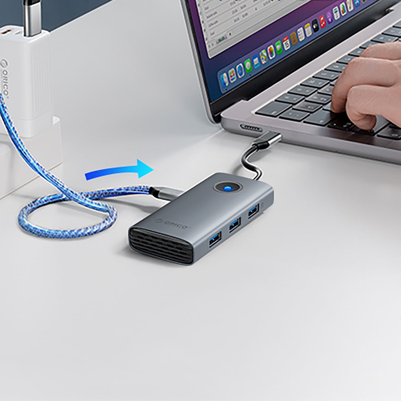 Orico PW11-5P USB-C Hub-dokkstasjon 1x USB-A 3.0 + 2x USB-A 2.0 + 1x USB-C PD + 1x HDMI - Grå